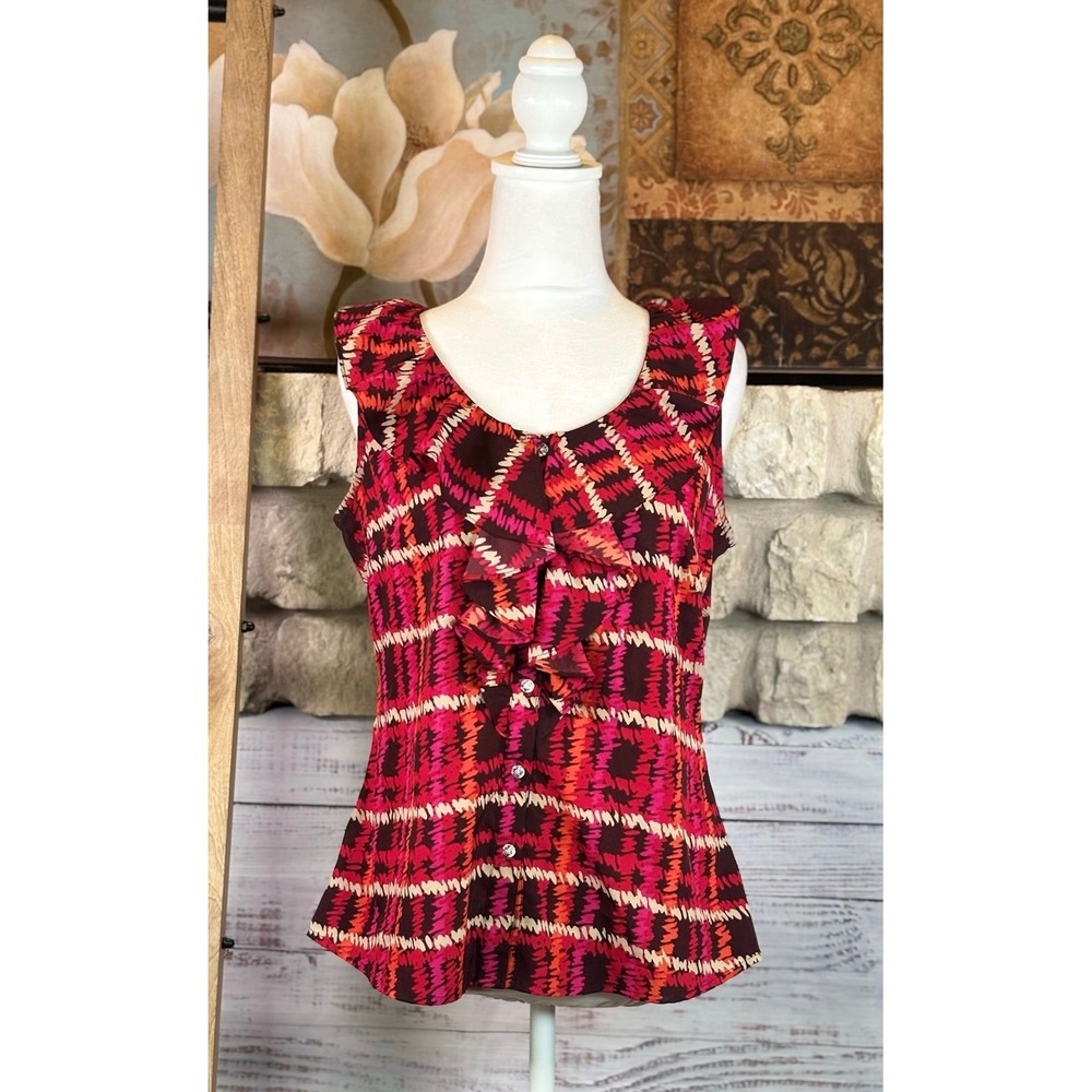Banana Republic Womens Petite M Red Orange Abstract Ruffle Sleeveless Blouse Top